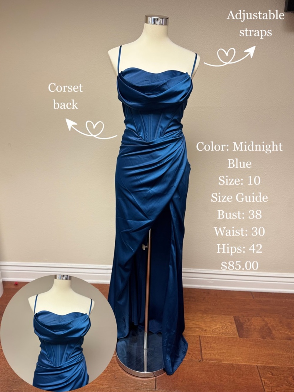 Midnight Blue Satin High-Low Evening Dress with Corset Back